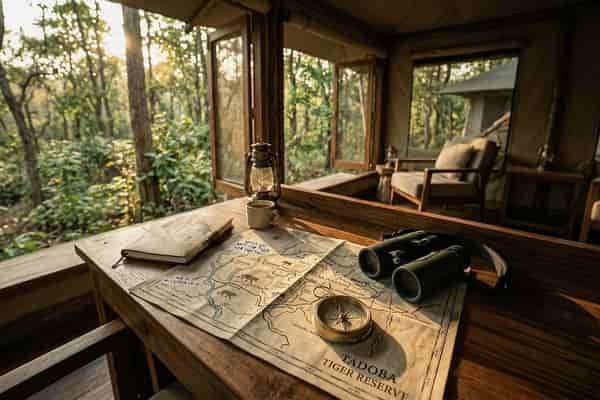 A map of Tadoba Tiger Reserve, binoculars, and a compass on a wooden table in a luxury safari lodge.