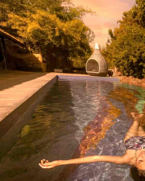 The 25-metre swimming pool at Limban Resort, reflecting the surrounding trees.