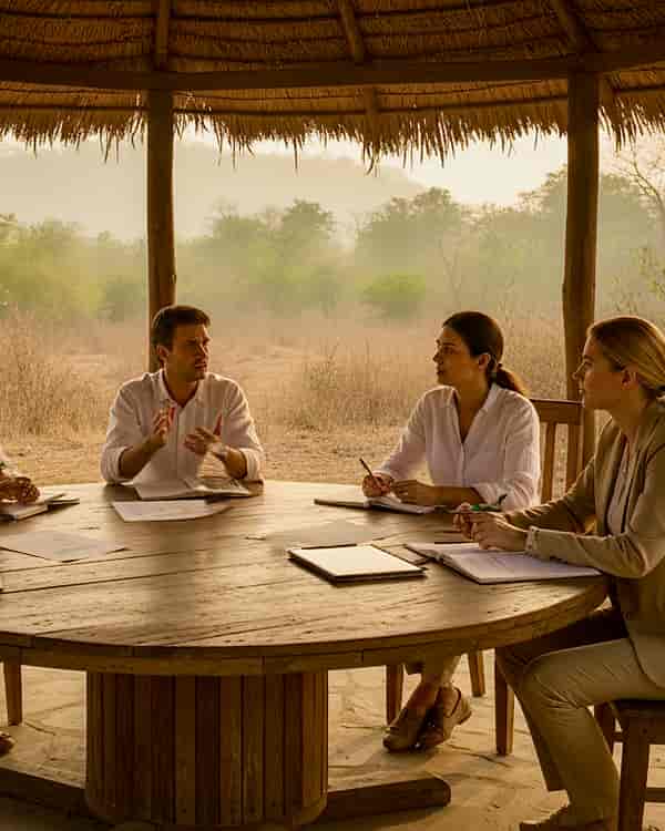 An outdoor corporate event boardroom setup in the wilderness of Limban Resort.
